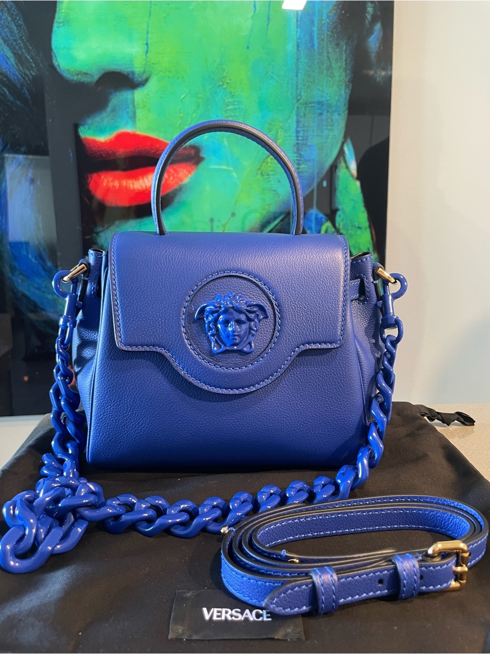 Versace Blue Top-Handle Bag with Chain Strap